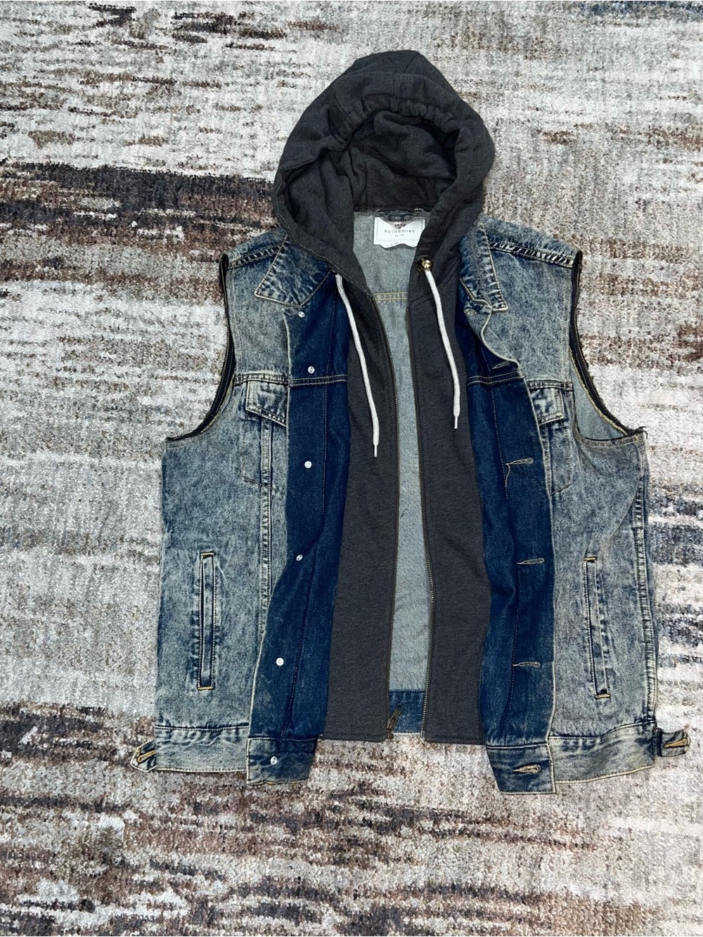 Custom Neighbors Denim Vest Hoodie Acid Wash Denim Layered Vest Jacket